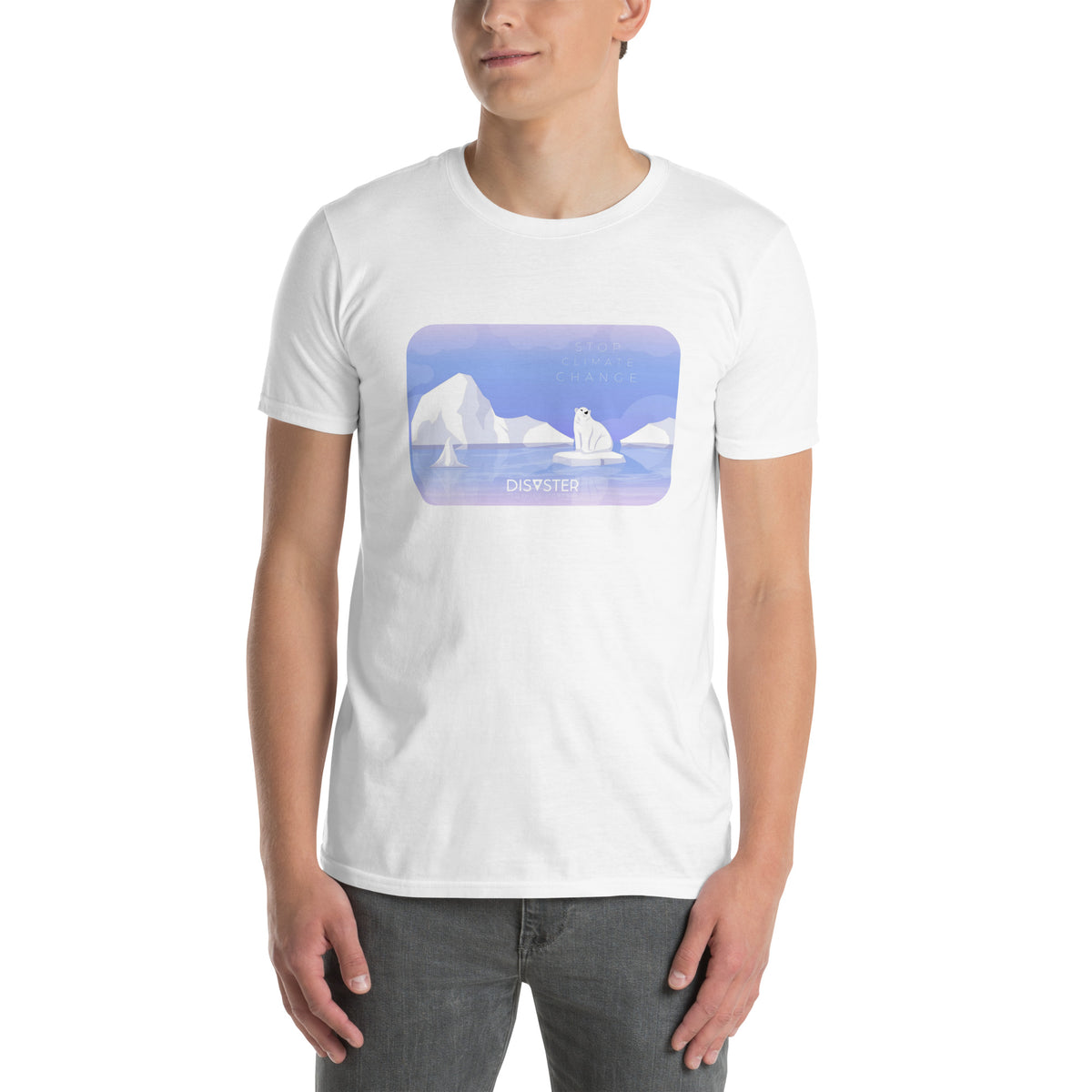 T-shirt vegan con stampa orso polare e scritta "Stop Climate Change"